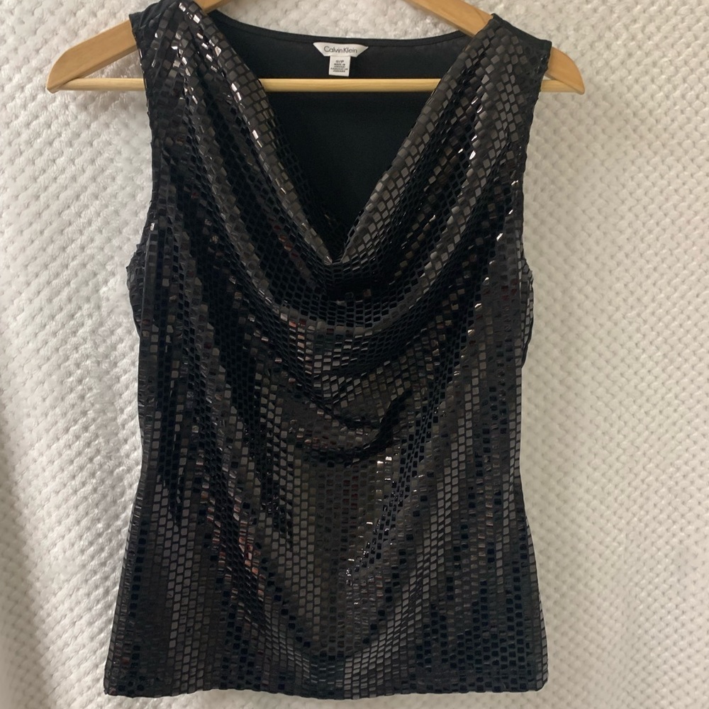Calvin Klein Black Square Sequins Sleeveless Drape neck Blouse Top  Small Petite
